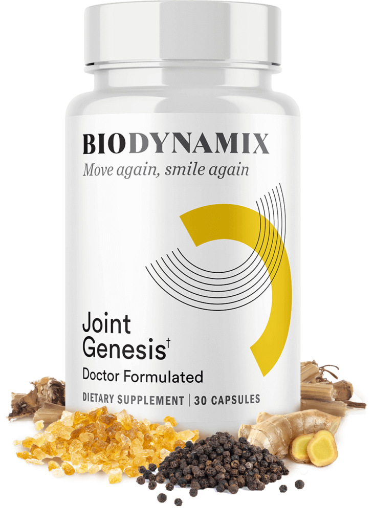 A bottle of BioDynamix Joint Genesis supplement surrounded by natural ingredients and joint health benefits.