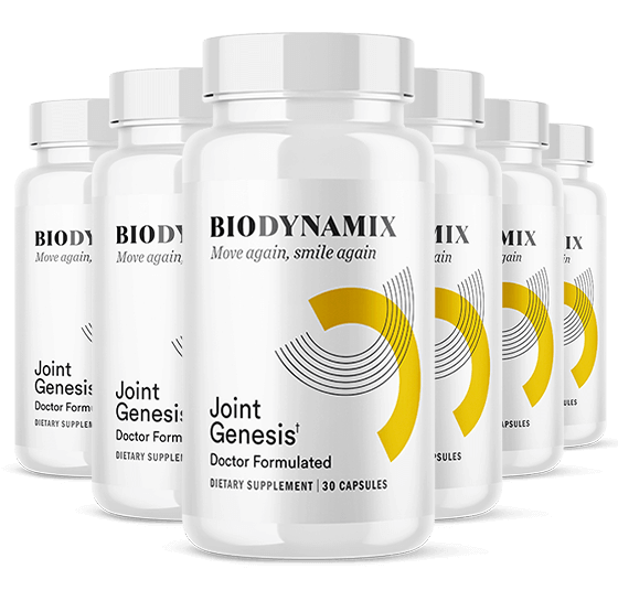 Six bottles of Joint Genesis supplement with the 180-day supply and best price guarantee.