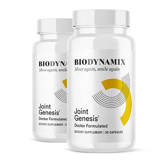Two bottles of Joint Genesis supplement for a 60-day supply starter pack.